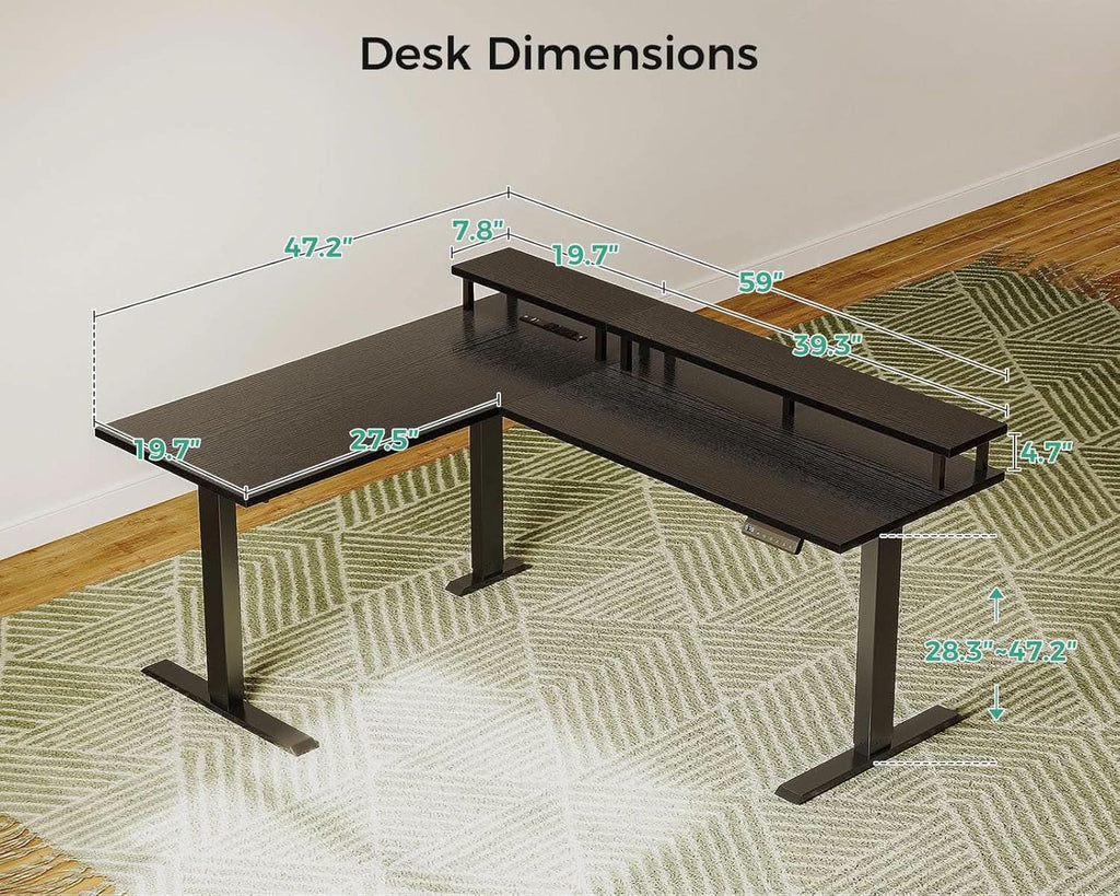 Electric L Shaped Standing Desk 59 Inch With Power Outlets