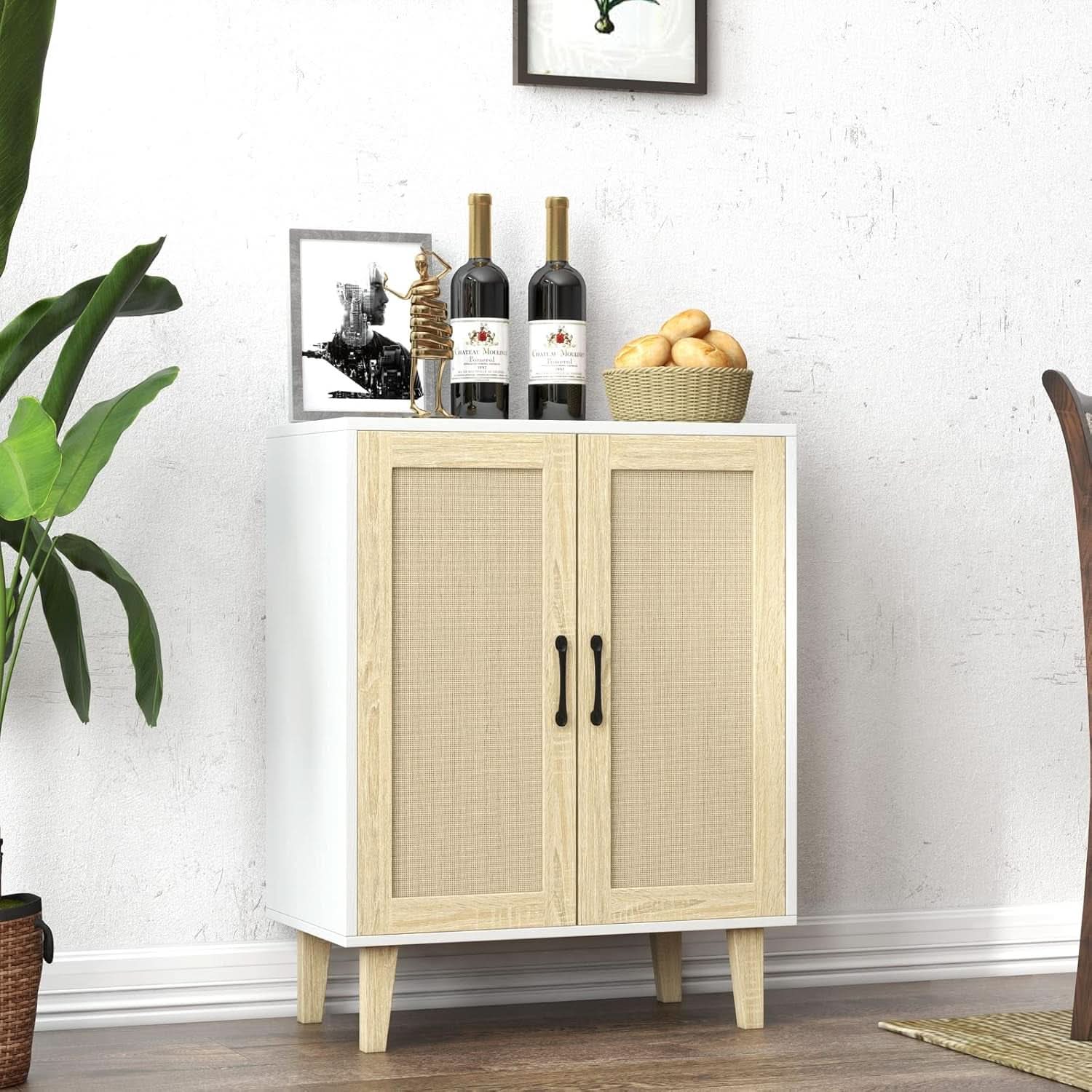 White Buffet Cabinet Sideboard With Rattan Doors Storage