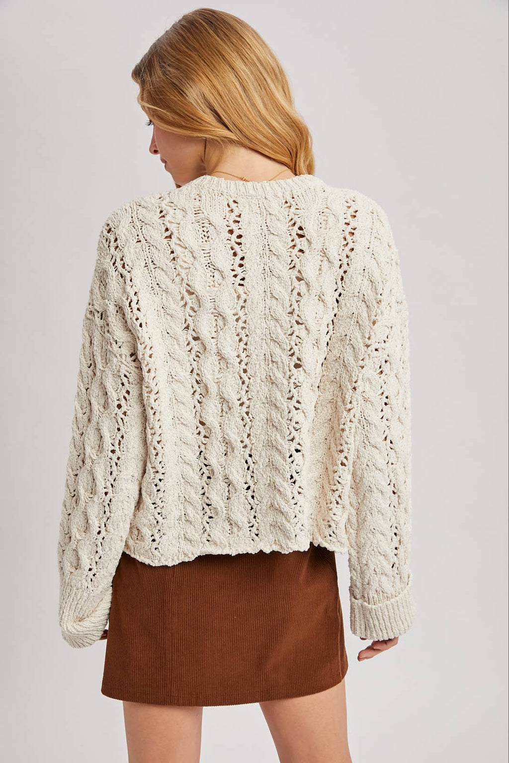 Half-Button Down Open Knit Sweater: ECRU