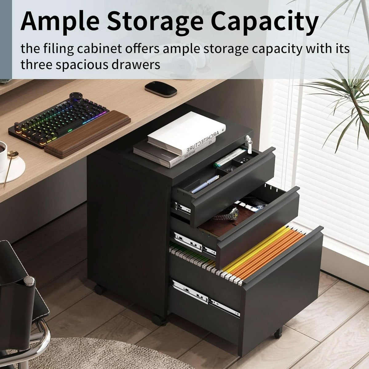 3 Drawer File Cabinet Under Desk Mobile Filing Cabinet With Lock For A4 Letter Legal Files Black