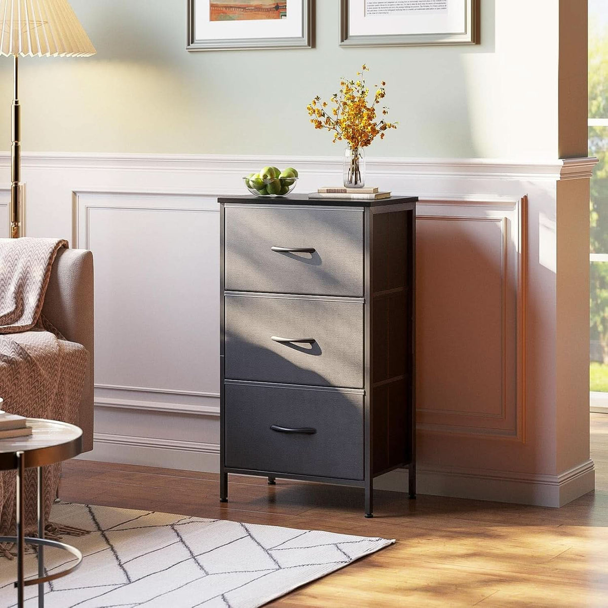 Dark Grey Dresser Nightstand With 3 Drawers Space Saver