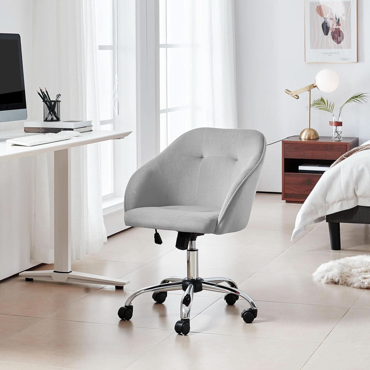 Light Gray Velvet Desk Chair With Adjustable Tilt Arm