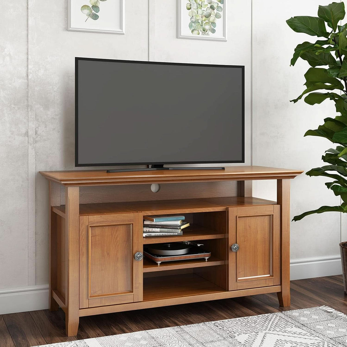 TV Media Stand 54 Inch Wide Golden Brown Cabinet Storage