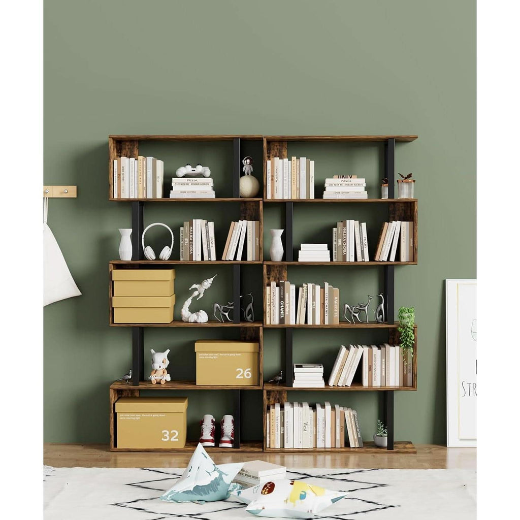 5-Tier S Shaped Bookcase In Rustic Brown Wood Shelving