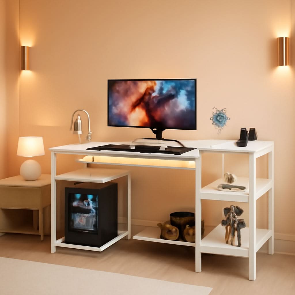 47 Inch White L Shaped Desk With LED Power Drawer Unit