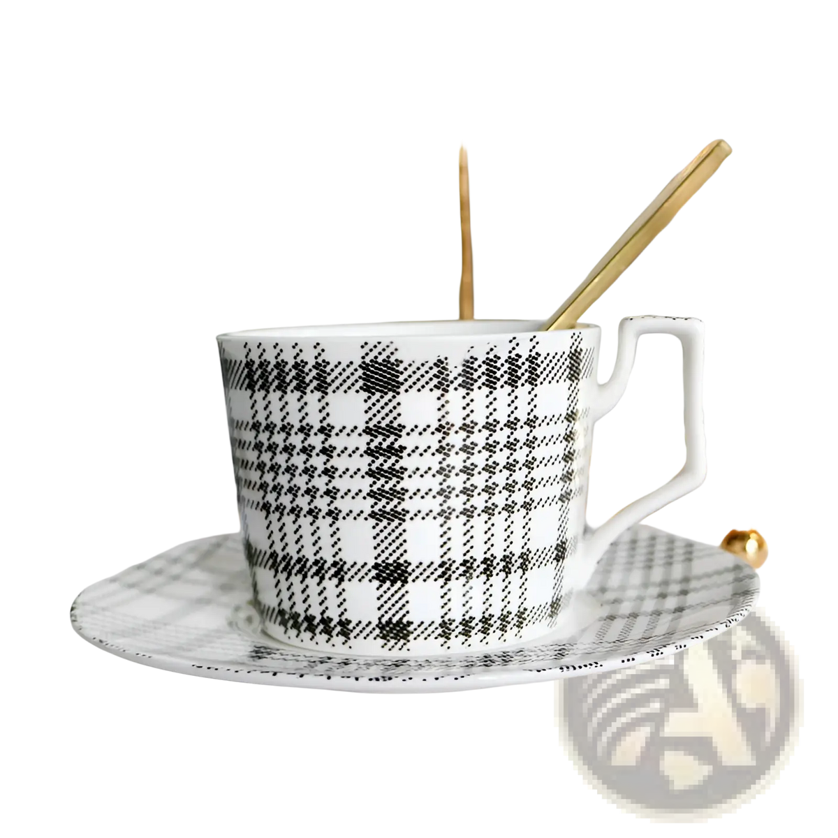 Ceramic Tea Set with Plaid Teapot and Gold Trim Tray