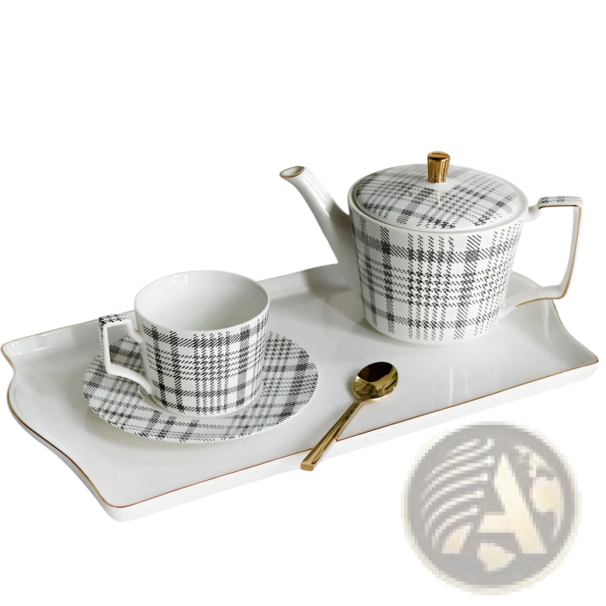 Ceramic Tea Set with Plaid Teapot and Gold Trim Tray