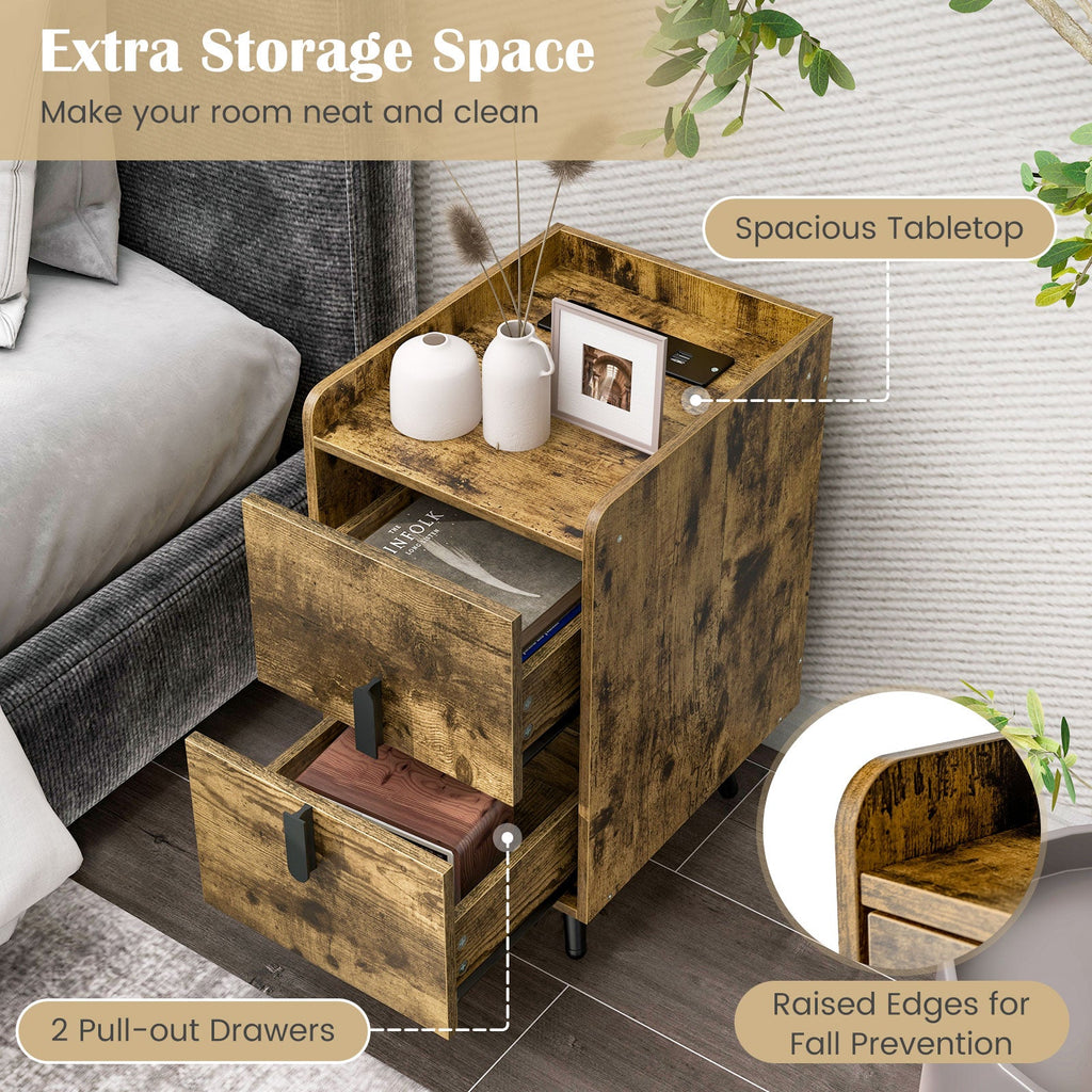Nightstand Side Tables with 2 Drawers and 2 USB Ports