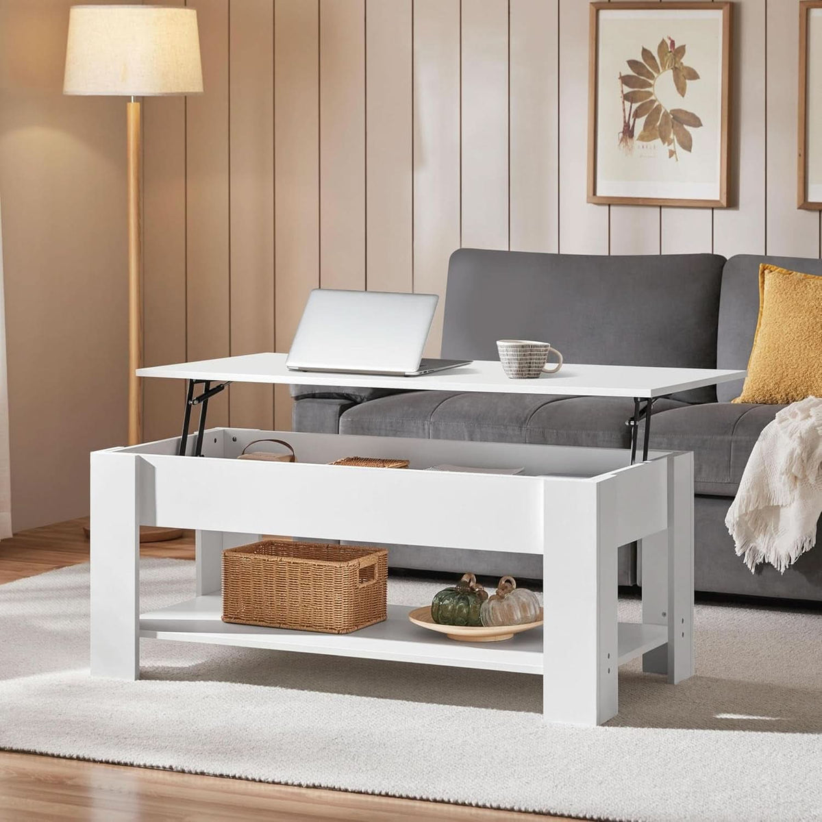 Lift Top Coffee Table With Hidden Compartment And White Finish