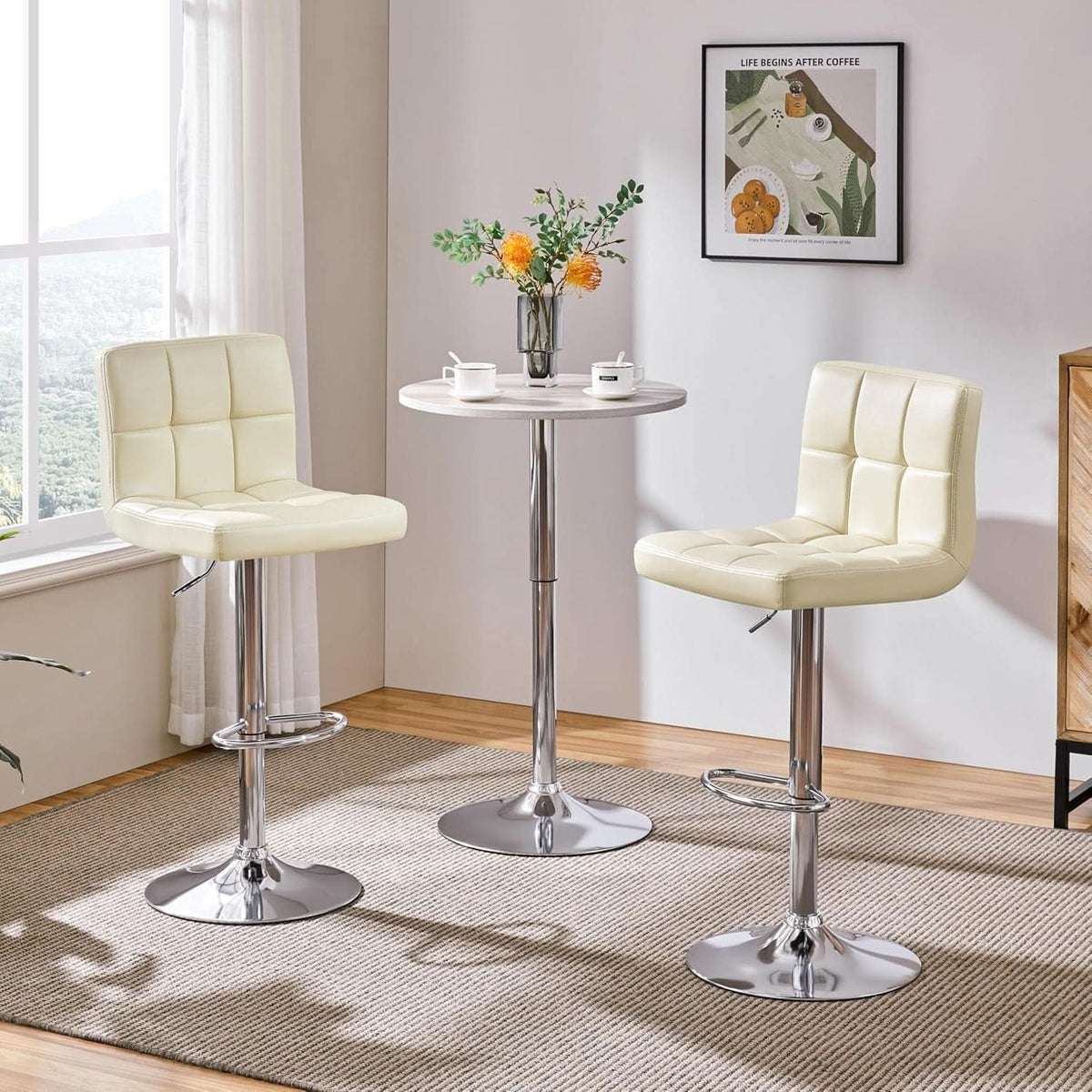 Beige Adjustable PU Leather Swivel Bar Stools Set Of 2