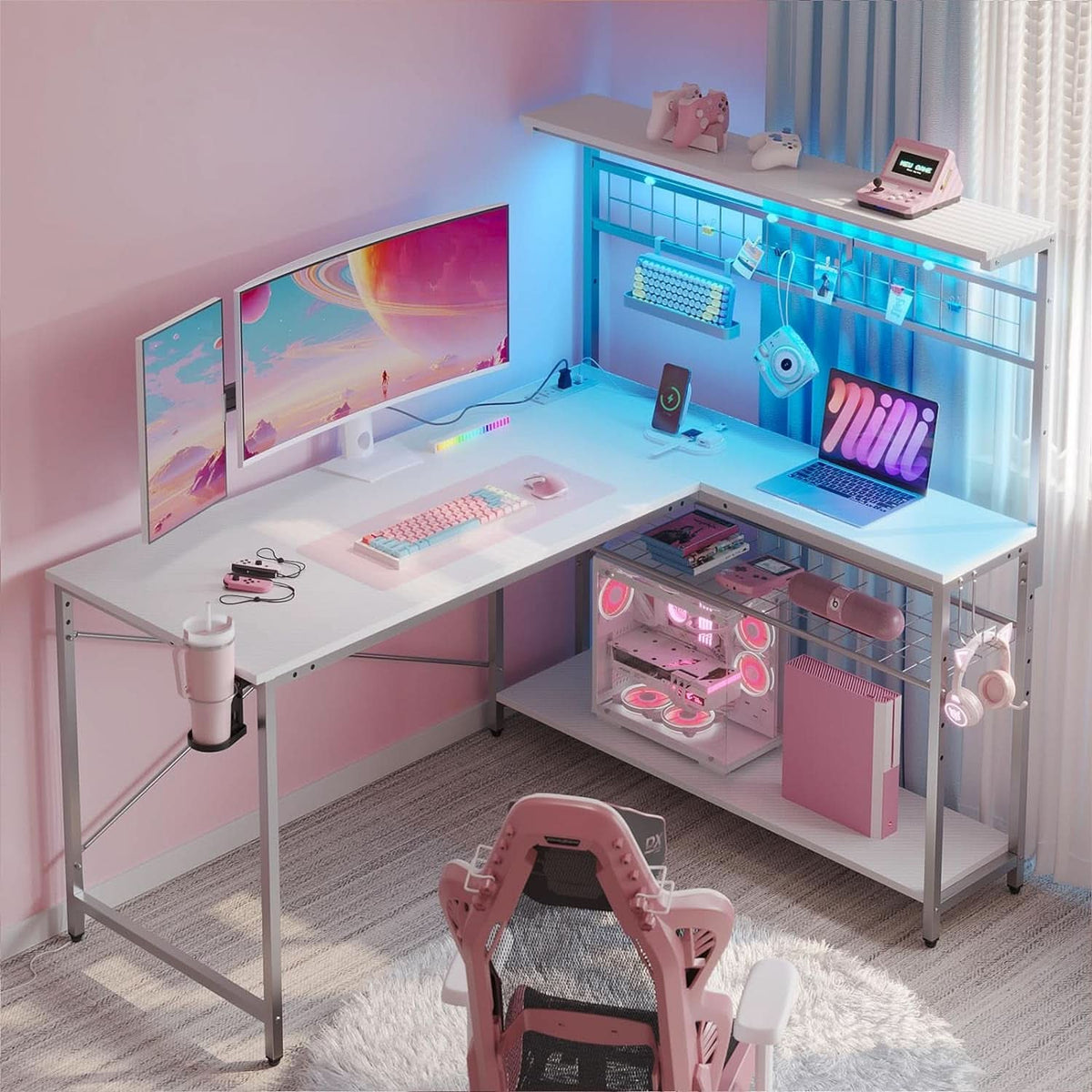 51 Inch L Shaped Gaming Desk With LED Lights And Outlets