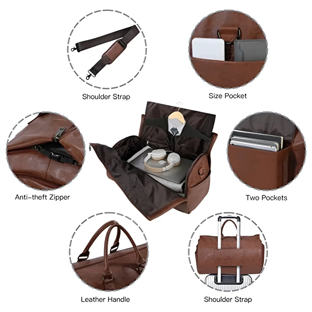 Convertible Leather Travel Garment Bag with Shoe Pocket