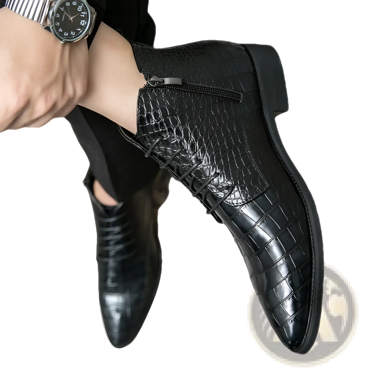 Crocodile Pattern Leather Pointed Toe Ankle Boots