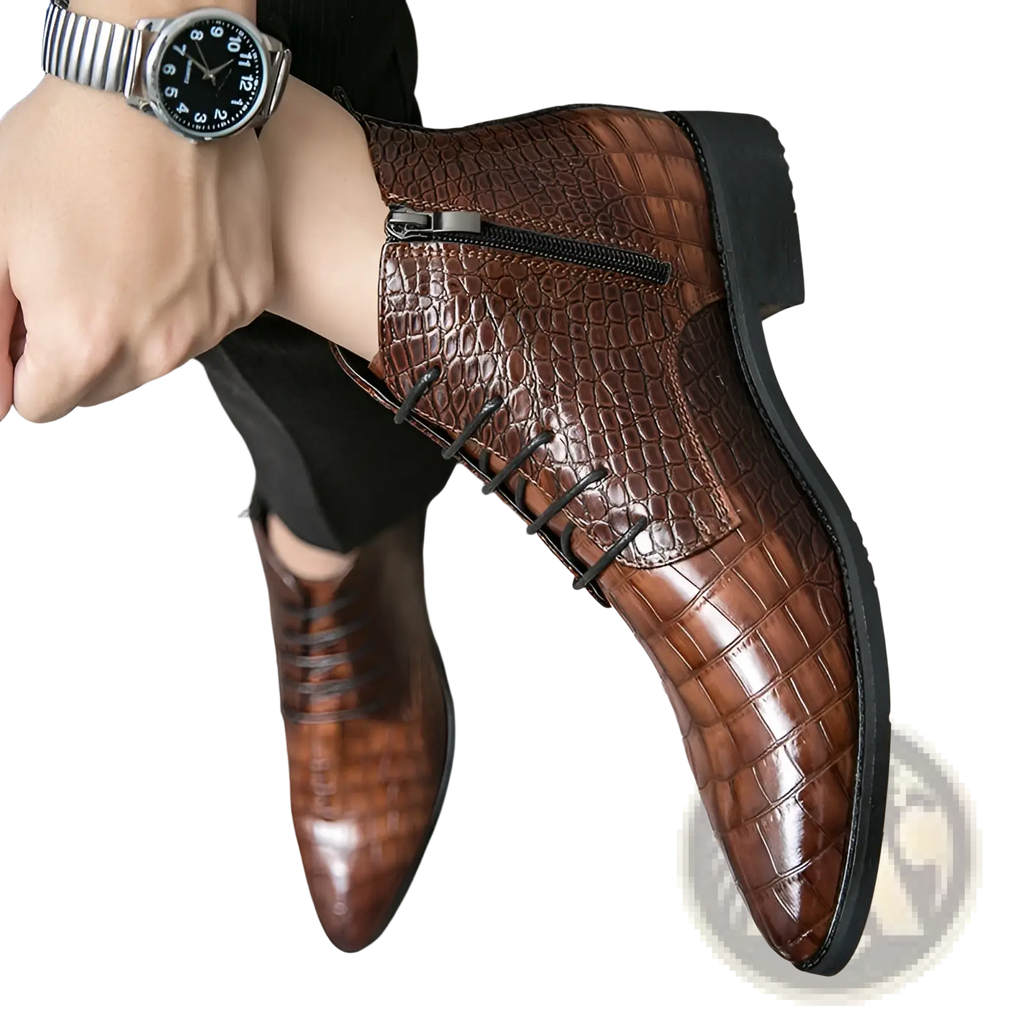 Crocodile Pattern Leather Pointed Toe Ankle Boots