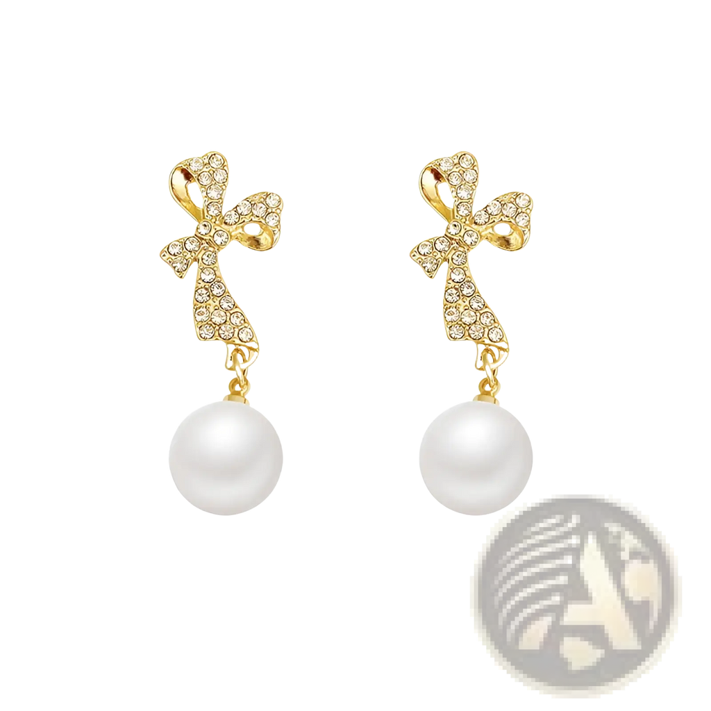 Crystal Bow and Pearl Dangle Earrings in Gold