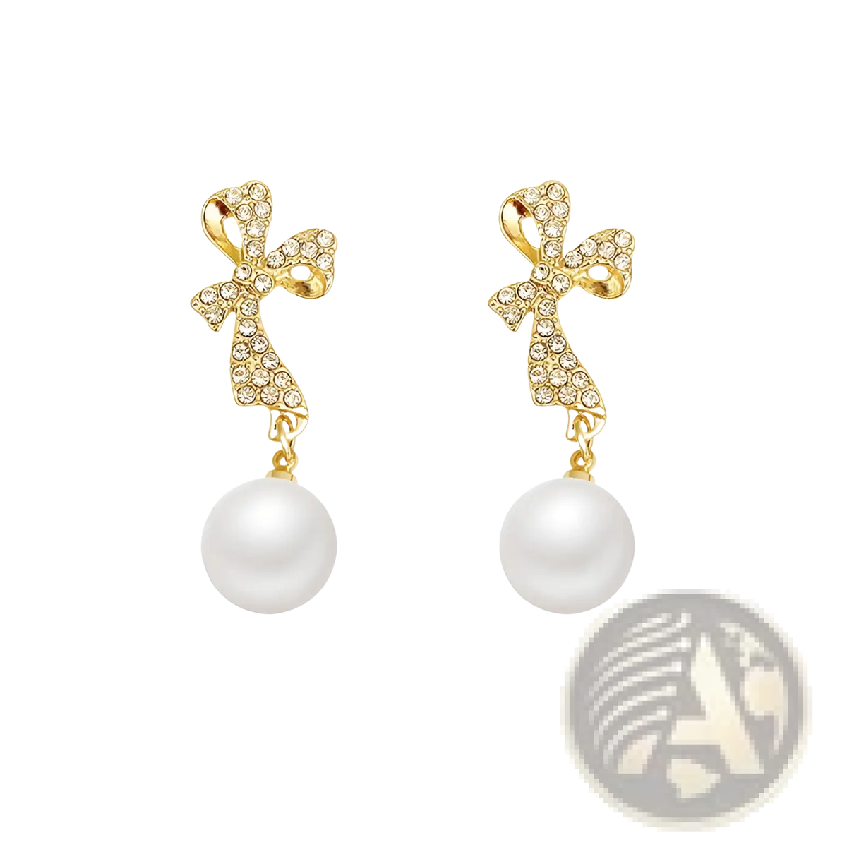 Crystal Bow and Pearl Dangle Earrings in Gold
