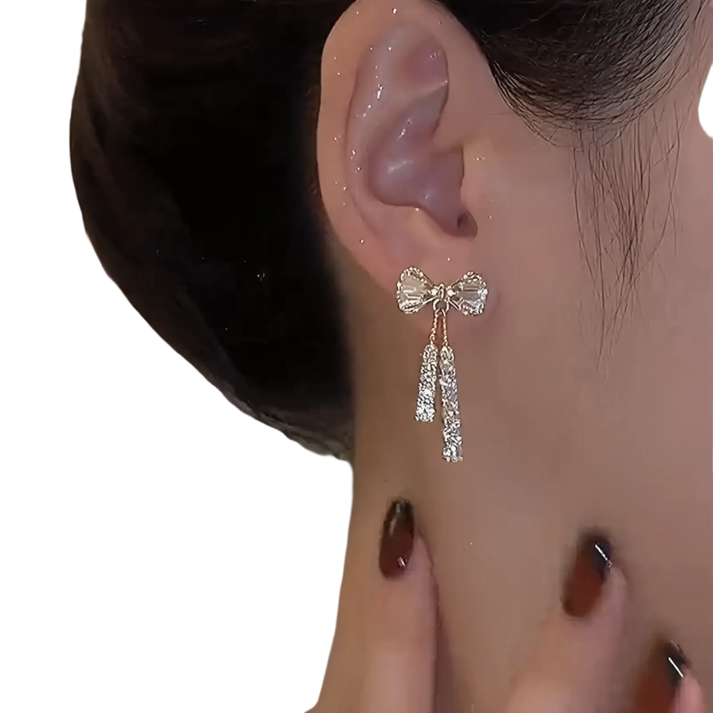 Crystal Bow and Pearl Dangle Earrings in Gold