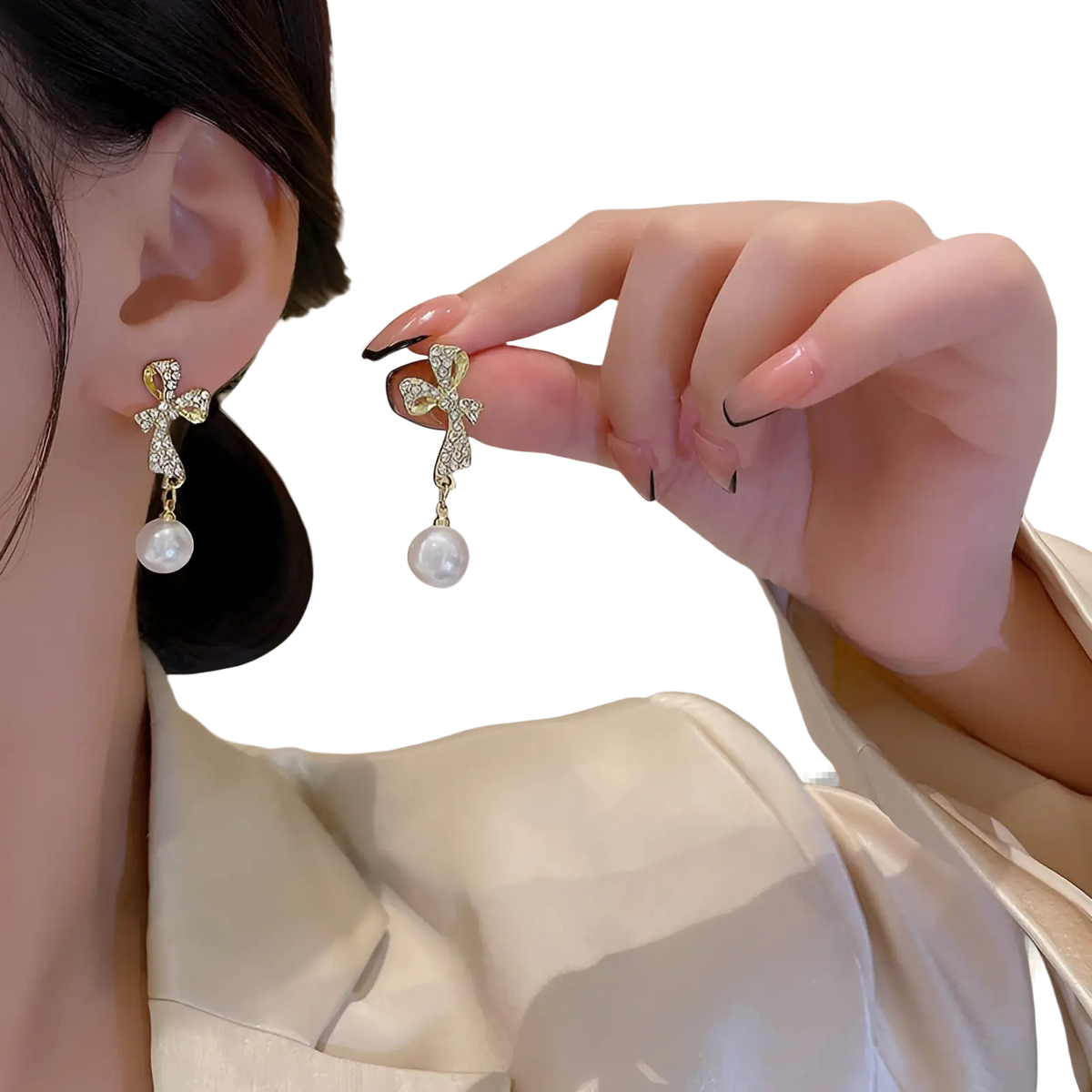 Crystal Bow and Pearl Dangle Earrings in Gold