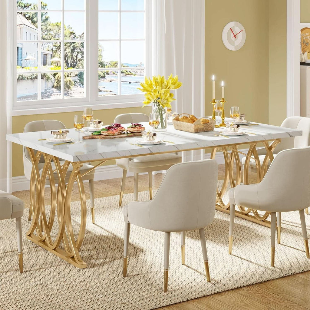 63 Inch Dining Table With Faux Marble Top For Kitchen And Dining Room