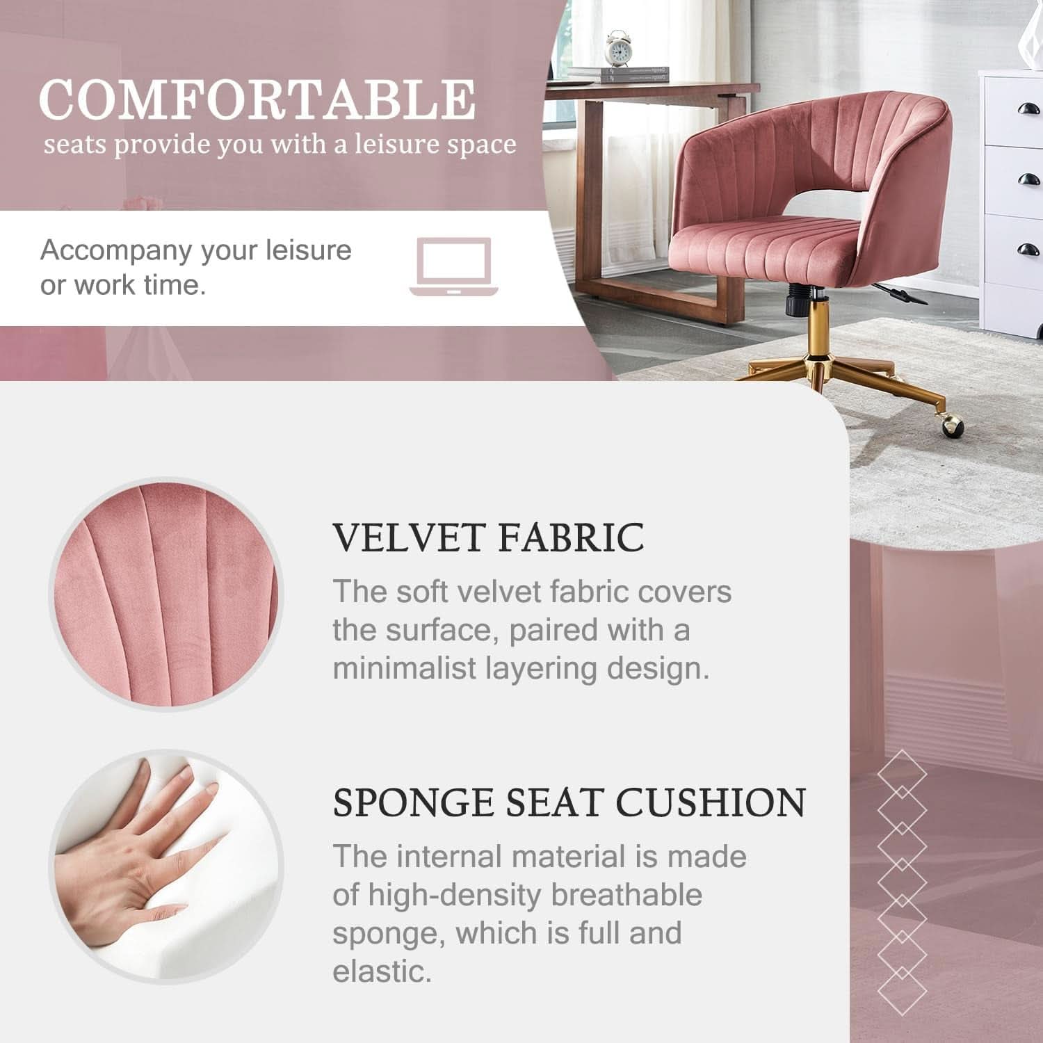 Pink Velvet Swivel Home Office Chair 360 Degree With Gold Base