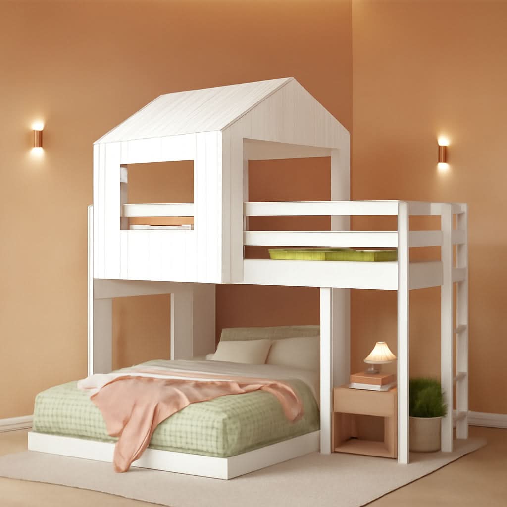 White Twin Over Full Low Profile Playhouse Bunk Bed