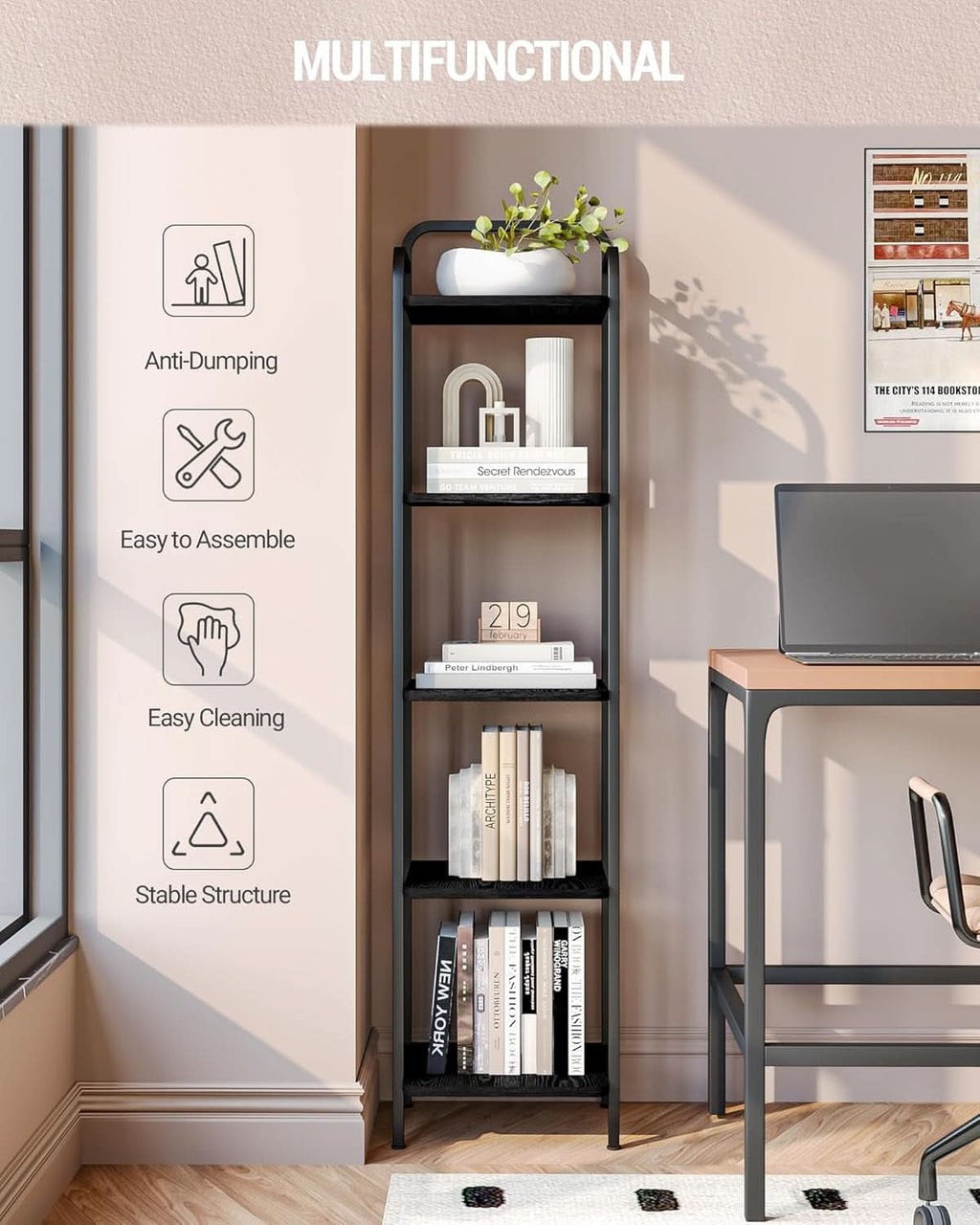 Black 5 Tier Narrow Bookcase Corner Shelf Organizer Industrial Design
