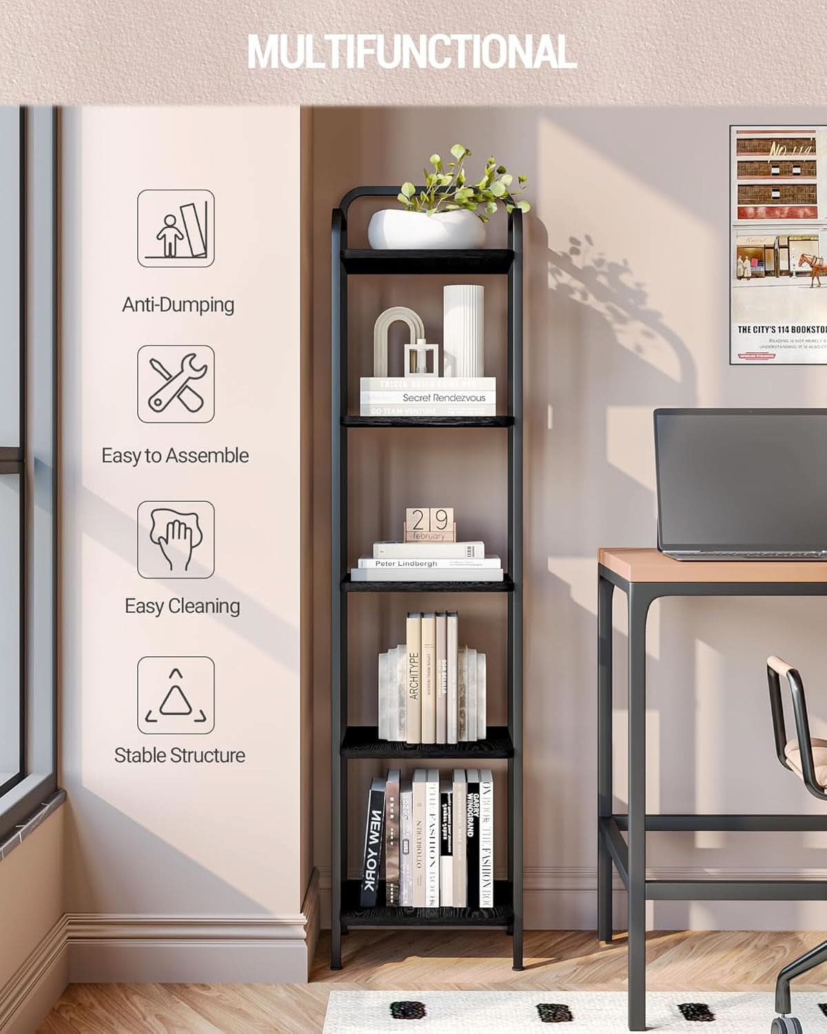Black 5 Tier Narrow Bookcase Corner Shelf Organizer Industrial Design