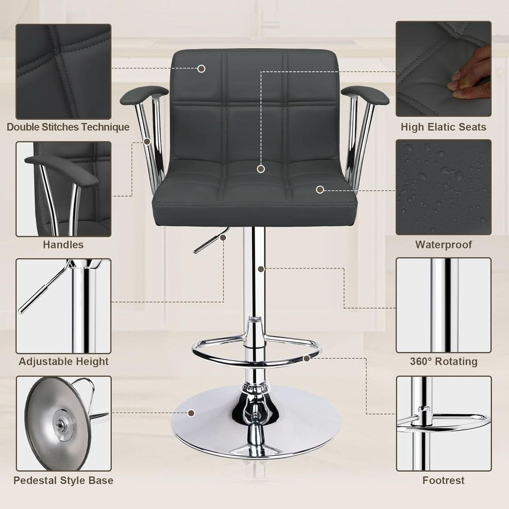 Two Adjustable Swivel Bar Stools With Back Grey PU Leather