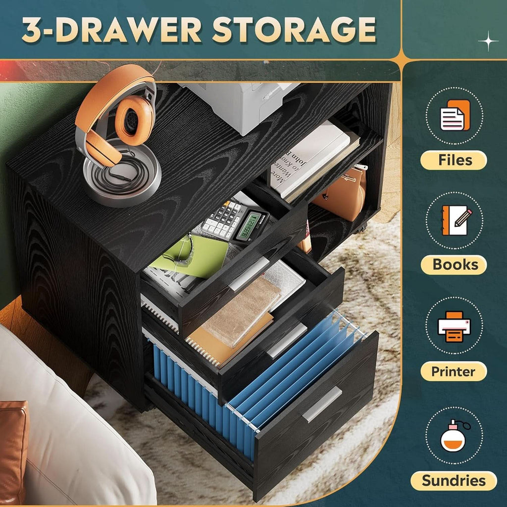 Black 3 Drawer Mobile File Cabinet And Printer Stand With Open Shelves Wood Lateral Filing Cabinet For Home Office