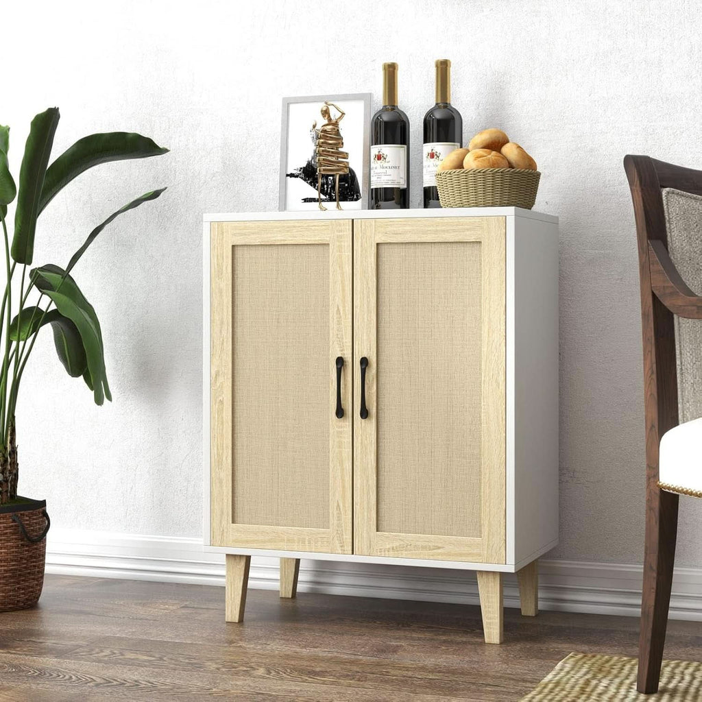 White Buffet Cabinet Sideboard With Rattan Doors Storage