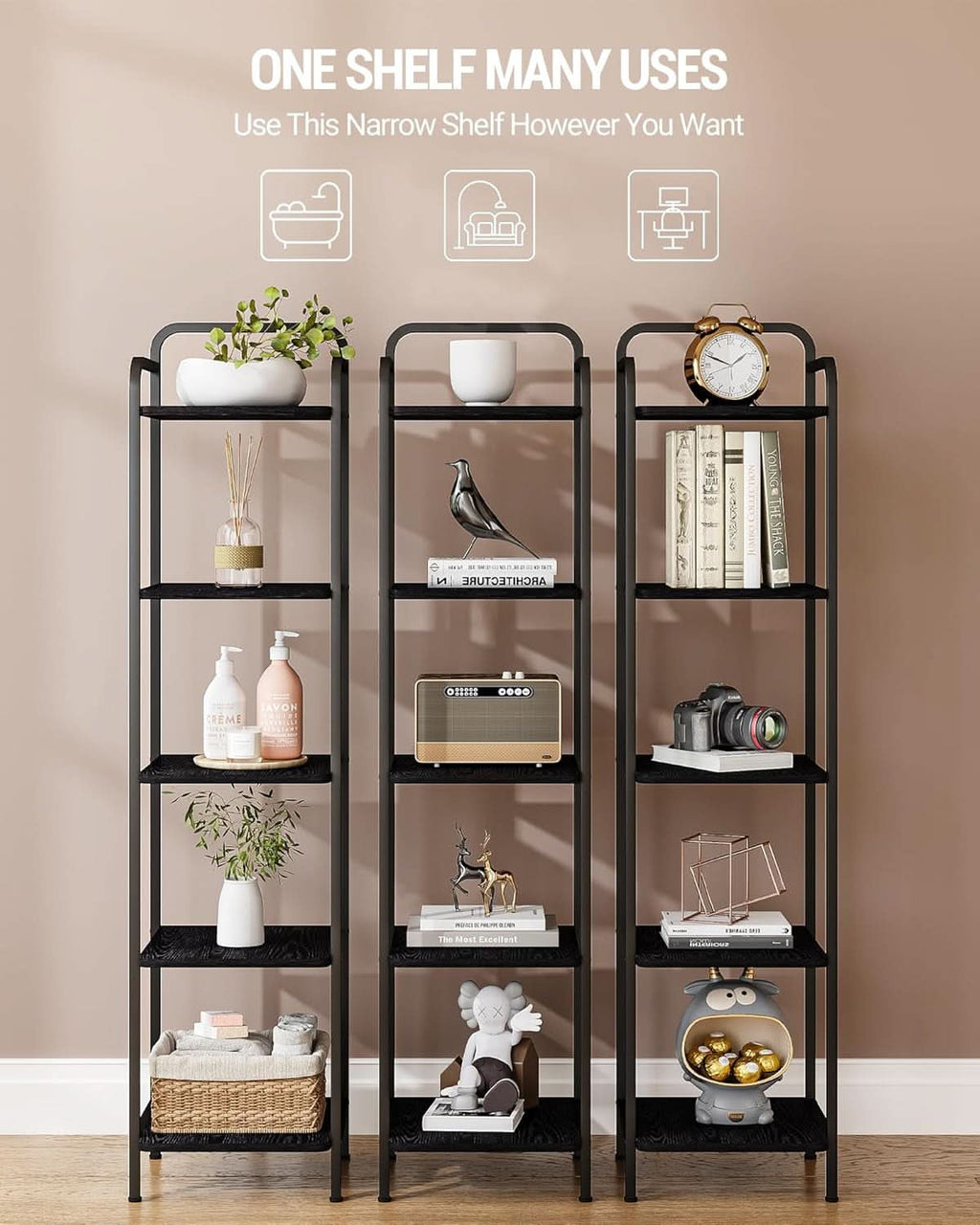 Black 5 Tier Narrow Bookcase Corner Shelf Organizer Industrial Design