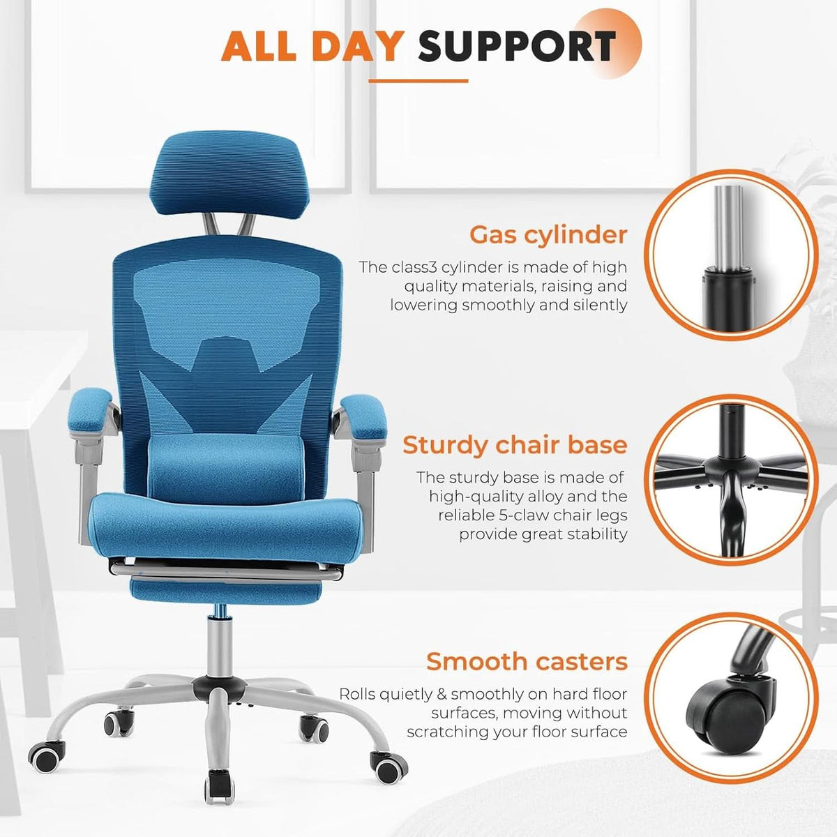 Blue Ergonomic Mesh Office Chair With Lumbar Support