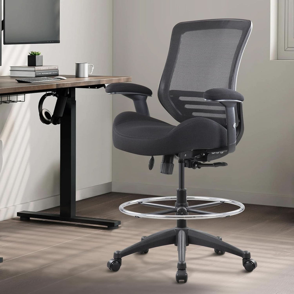 Black Mesh Ergonomic Drafting Chair With Height Adjustable Armrests