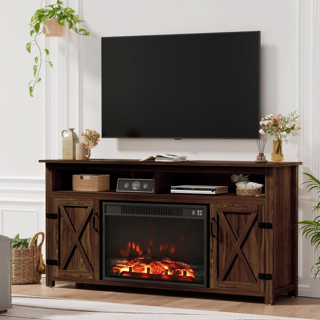 Rustic Fireplace TV Stand For 65 Inch TVs With Storage