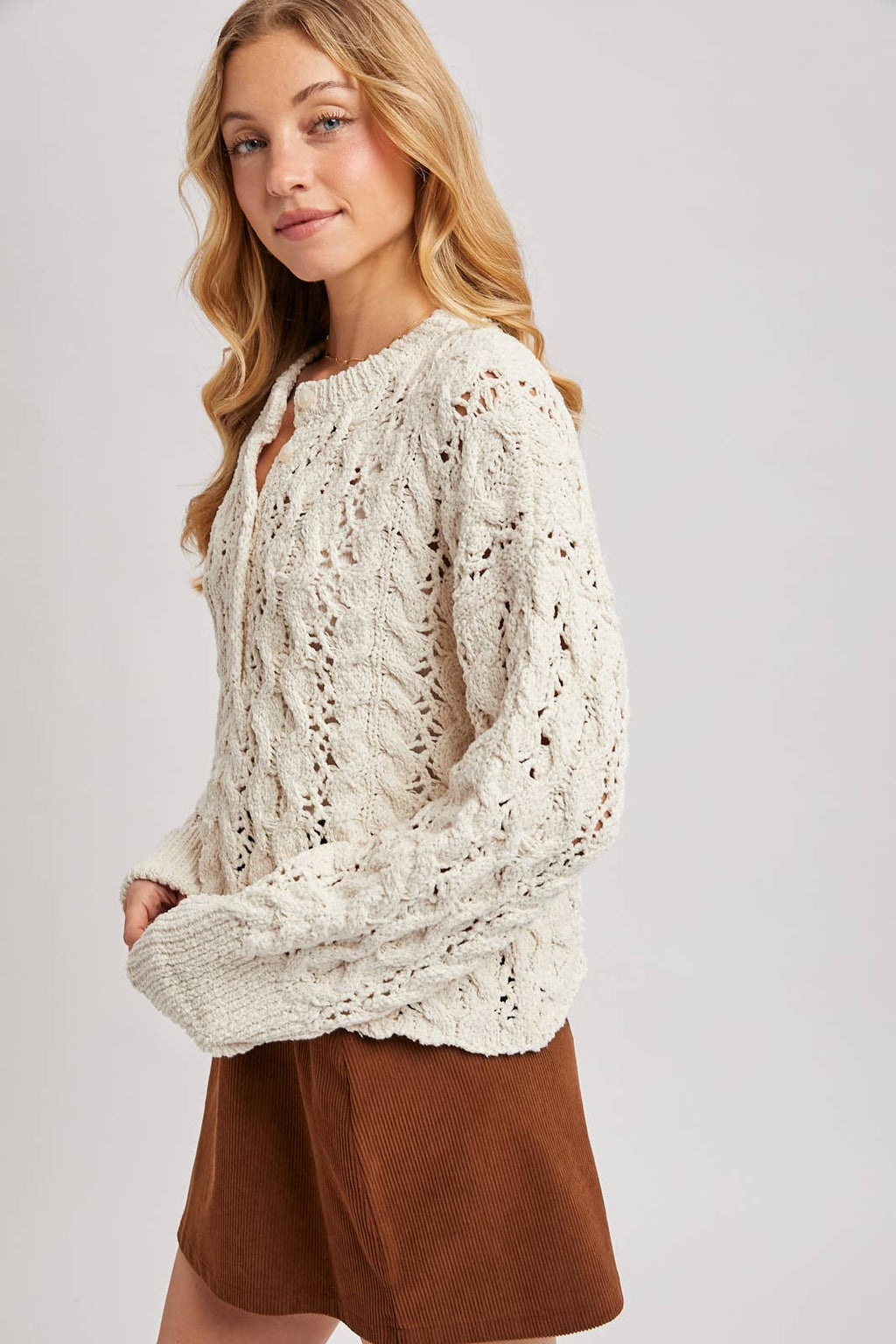 Half-Button Down Open Knit Sweater: ECRU