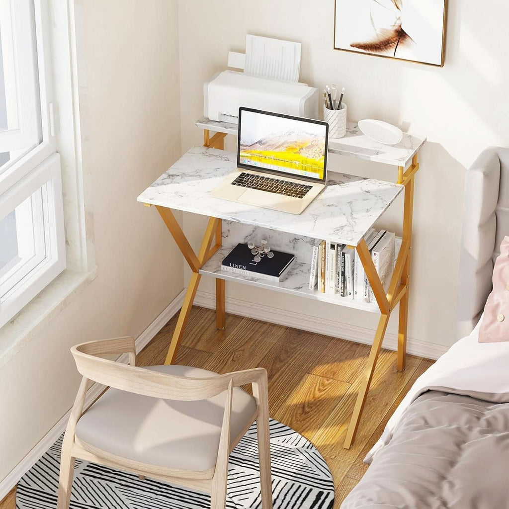 27.5 Inch Computer Desk With Monitor Stand And Storage White Marble Gold Leg