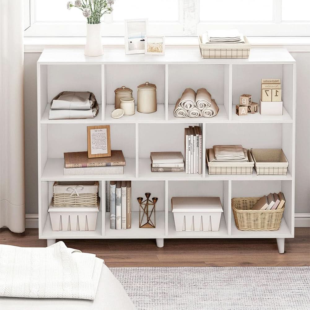 Open Cube Low Bookcase 3 Tier Freestanding White Bookshelf