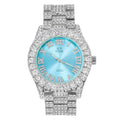 Techno Pave Womens 44mm Iced Solitaire Bezel Watch - Silver Plated with Blue Roman Dial