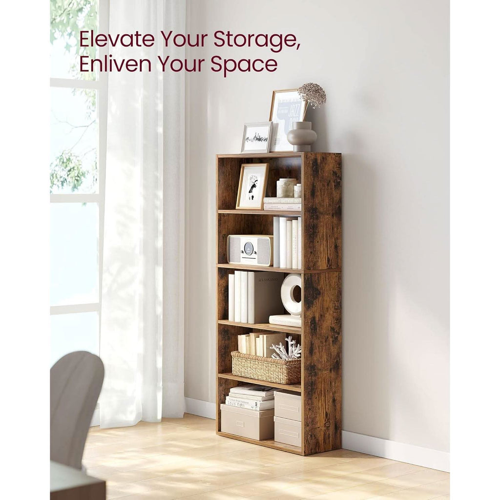 Rustic Brown Bookshelf Five Tier Adjustable Shelves