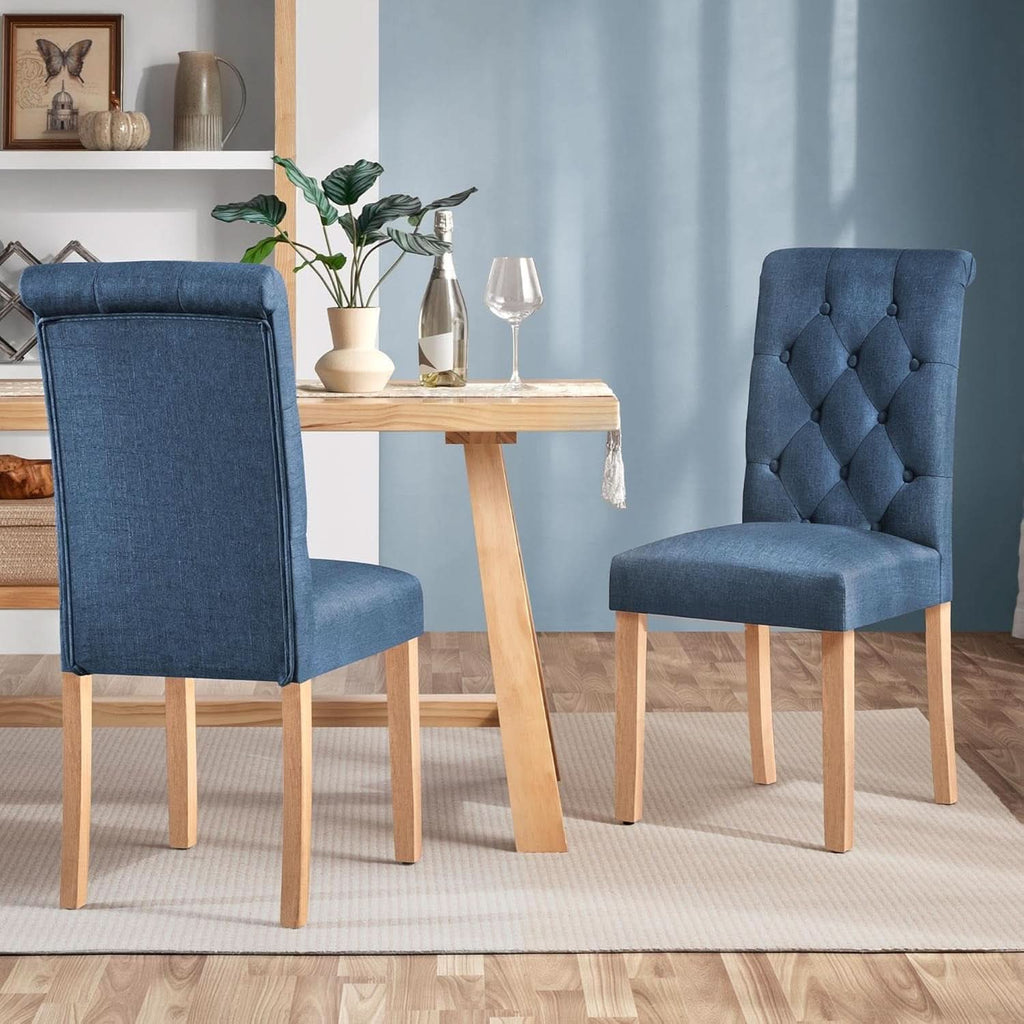 Blue Button Tufted Dining Chairs Set Of 2 With Solid Wood Legs