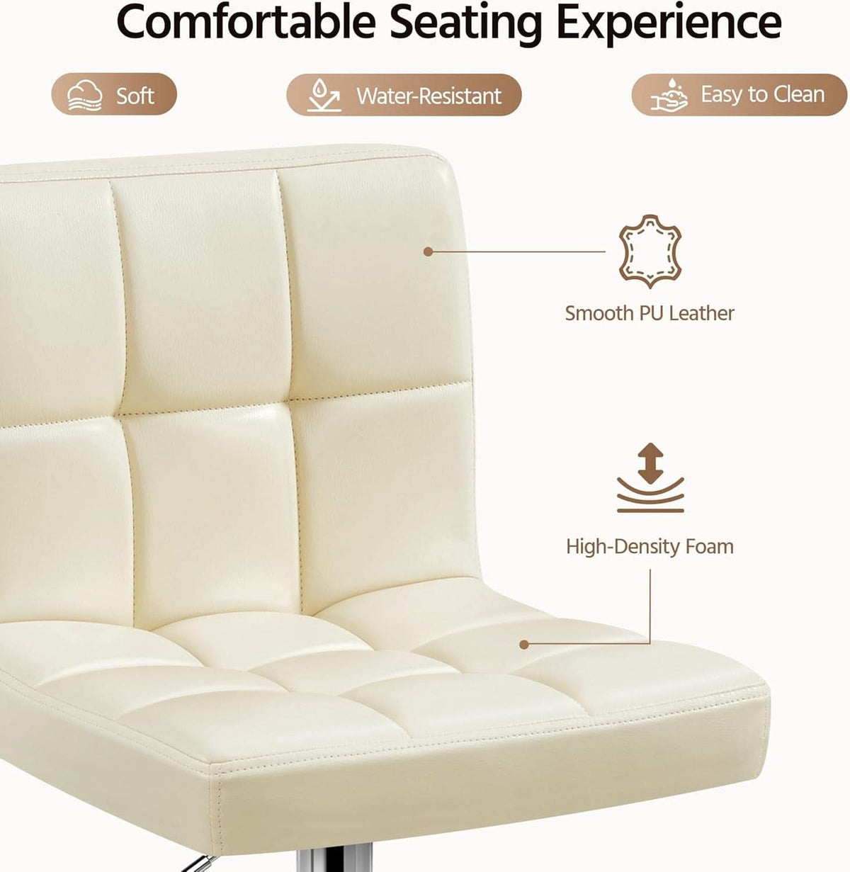 Beige Adjustable PU Leather Swivel Bar Stools Set Of 2