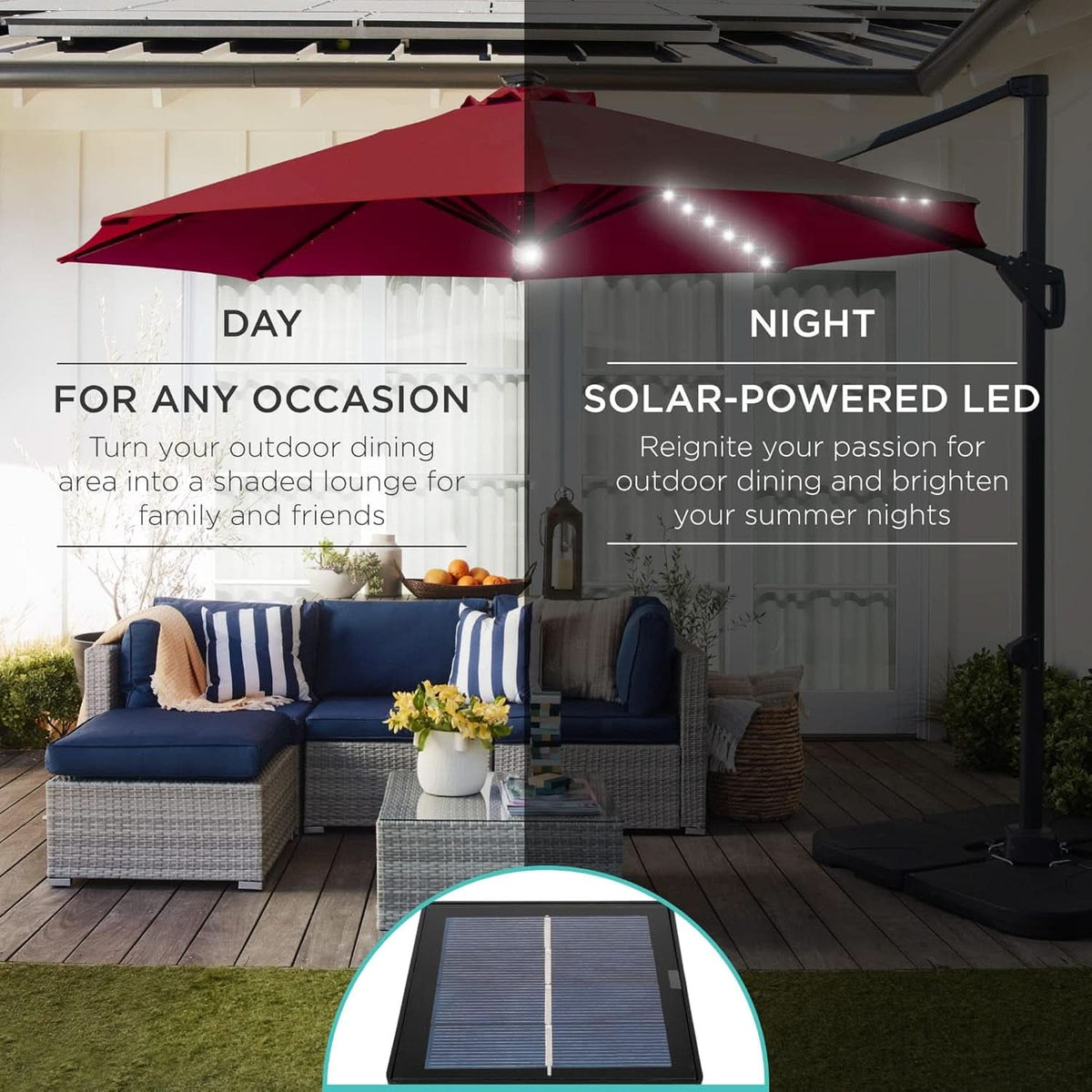 10ft Solar LED Cantilever Patio Umbrella With 360 Degree Rotation And Easy Tilt Cross Base
