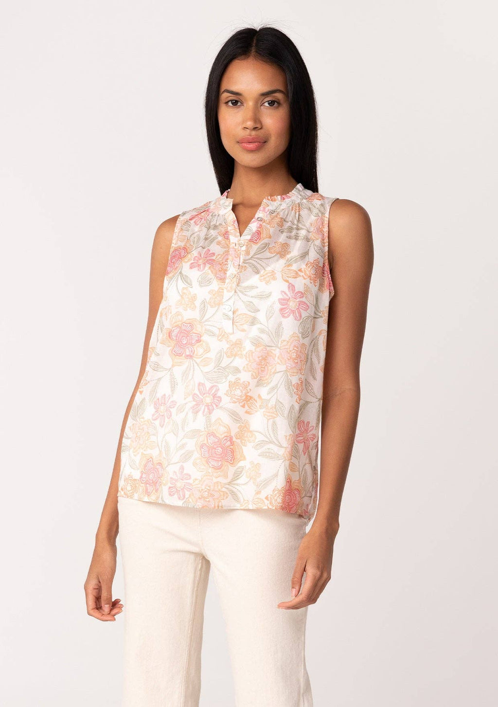 Sheer Floral Button Front Ruffle Neck Tank Top: Natural/Coral
