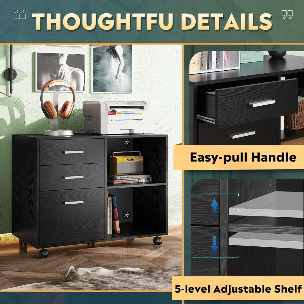 Black 3 Drawer Mobile File Cabinet And Printer Stand With Open Shelves Wood Lateral Filing Cabinet For Home Office