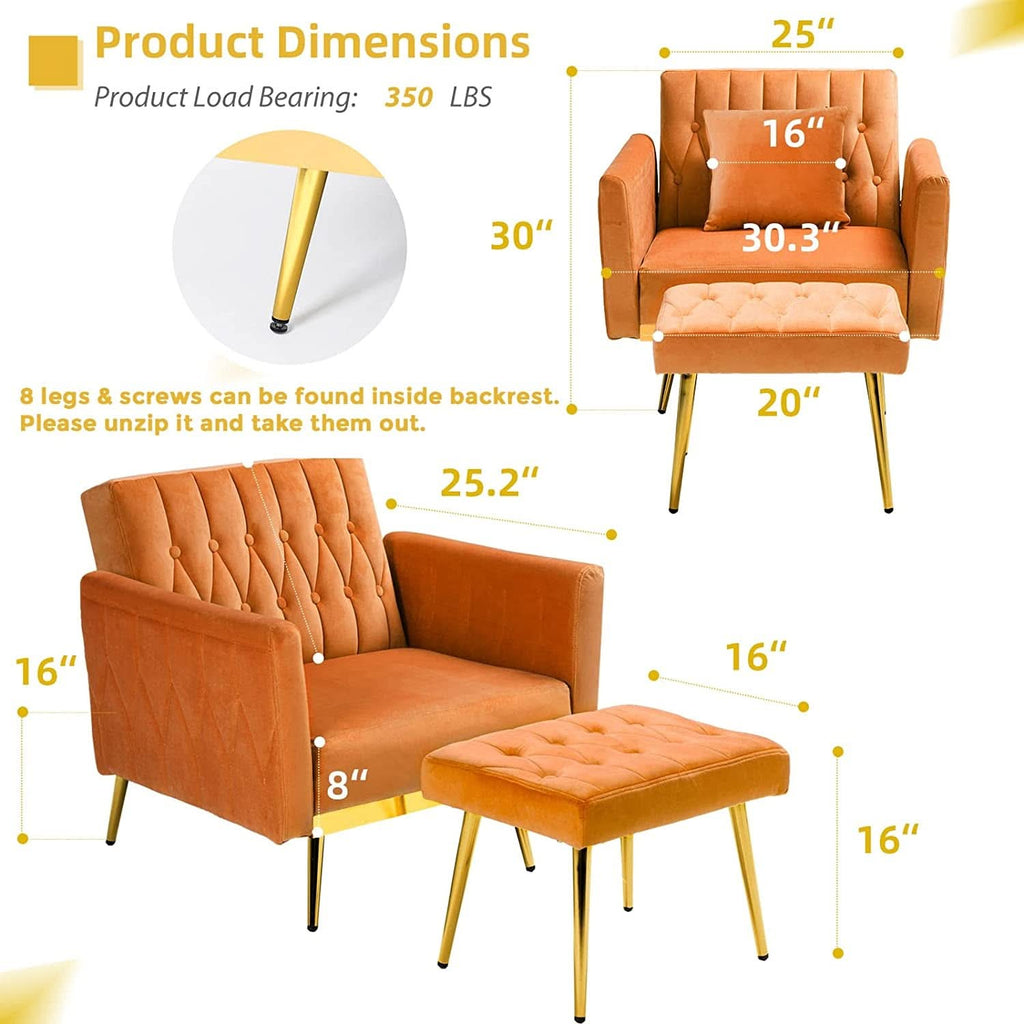 Velvet Armchair With Ottoman And Adjustable Backrest Orange
