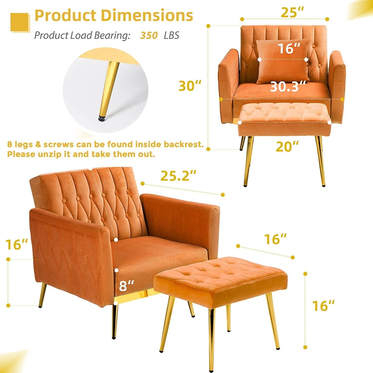 Velvet Armchair With Ottoman And Adjustable Backrest Orange