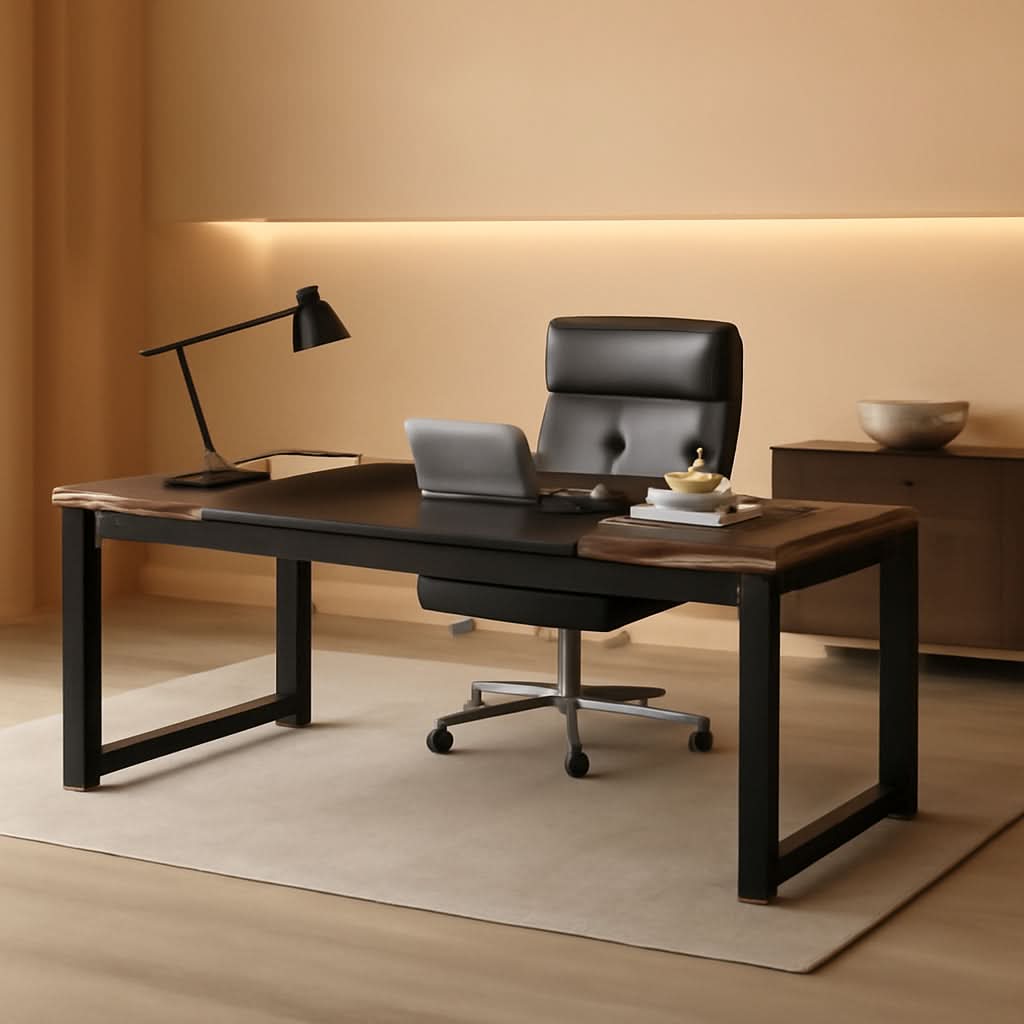 70.8-Inch Rustic Brown Black Executive Desk Thick Frame