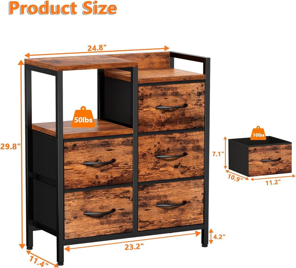5 Drawer Rustic Brown Dresser With Metal Frame For Bedroom