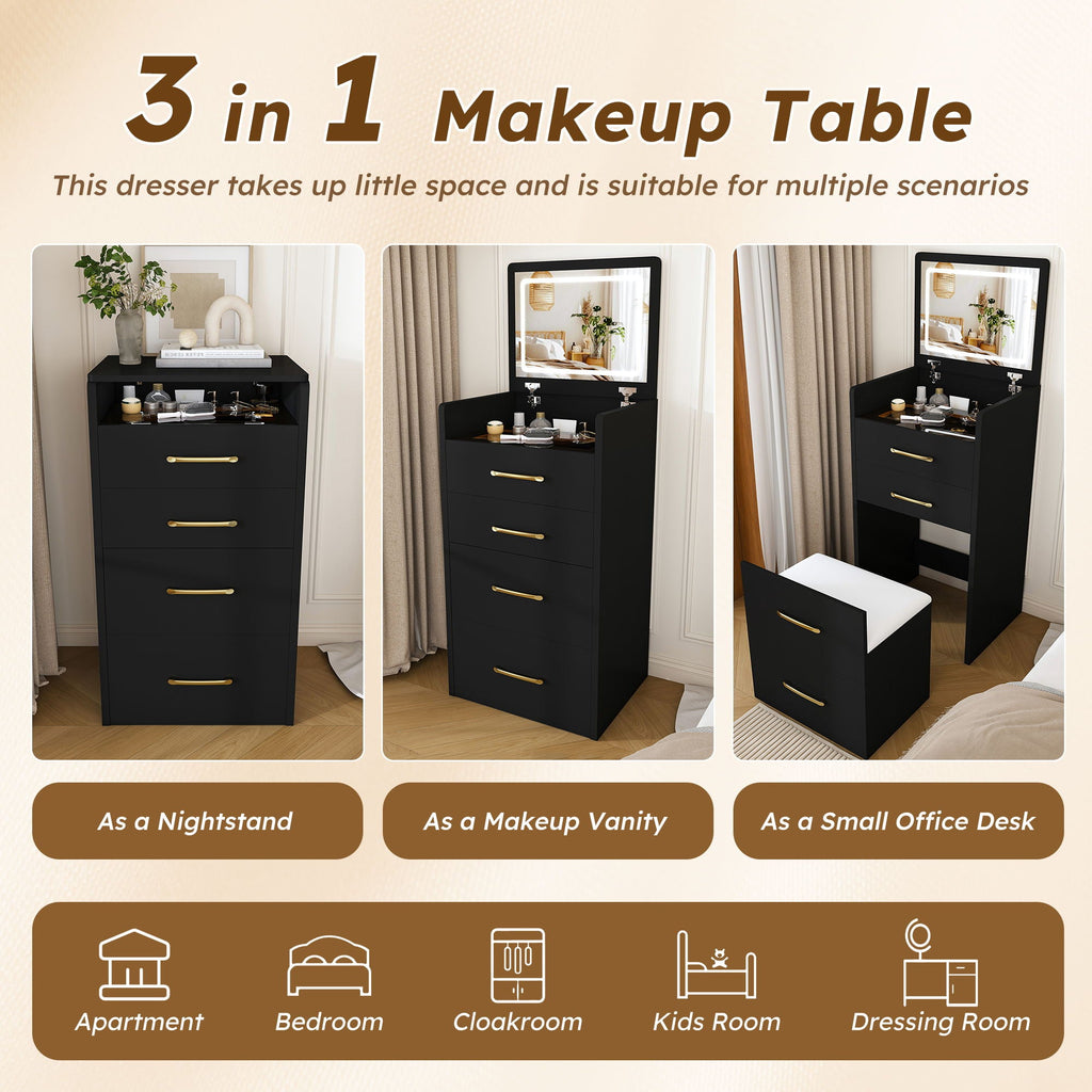 3 In 1 Vanity Desk With Open Top Mirror, Glass Desktop Makeup Set With 3 Drawers, Compact Dressing Table For Bedroom - Black