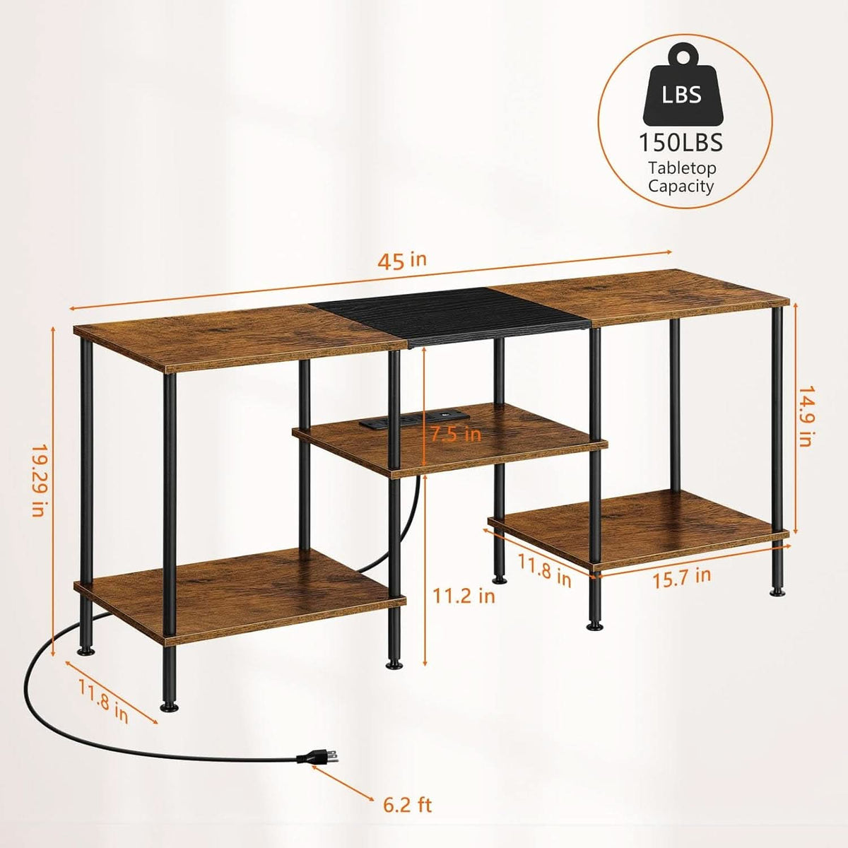 Rustic Brown 50 Inch TV Stand With Power Outlets And Shelf